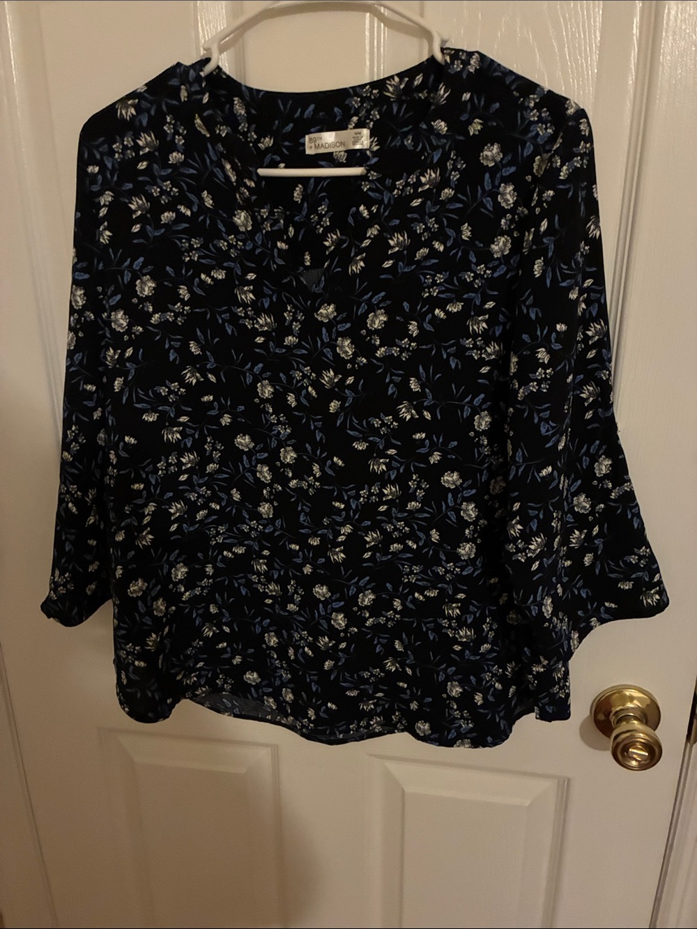 Madison Black Floral V-Neck Blouse with Blue and Cream Accents
